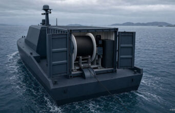 Autonomous-looking marine vessel with a large spool winch and deck equipment, sailing in open water.