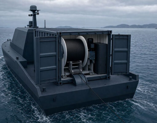 Autonomous-looking marine vessel with a large spool winch and deck equipment, sailing in open water.