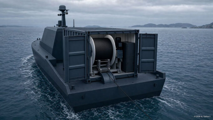 Autonomous-looking marine vessel with a large spool winch and deck equipment, sailing in open water.