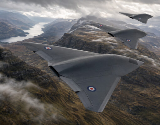 Storm Fighter drones to provide UK air and missile defence Three RAF flying-wing aircraft in formation above a winding fjord and rugged mountains in the distance.