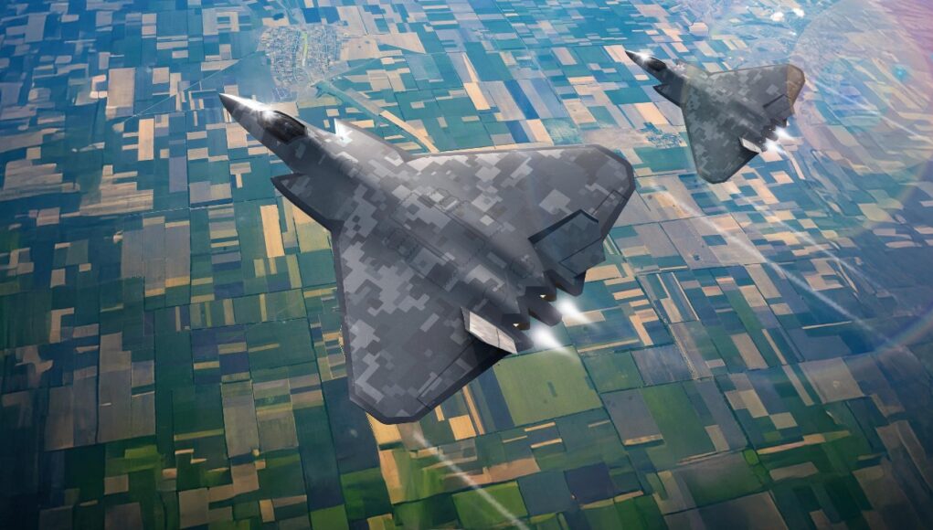 GCAP aircraft_credit Edgewing Two digital-camouflage stealth jets flying over patchwork fields, viewed from above, with contrails behind them.