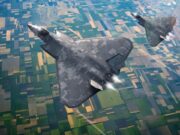 Huge contract awarded for new British fighter jet Two digital-camouflage stealth jets flying over patchwork fields, viewed from above, with contrails behind them.