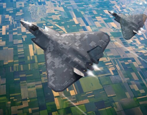 Huge contract awarded for new British fighter jet Two digital-camouflage stealth jets flying over patchwork fields, viewed from above, with contrails behind them.