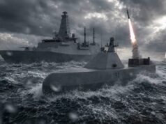 Uncrewed missile ship prototype to join British fleet by 2030 A gray military naval scene with a large battleship and a rocket-armed vessel firing a missile through rough, stormy seas under dark clouds.