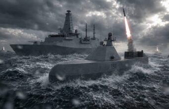 Uncrewed missile ship prototype to join British fleet by 2030 A gray military naval scene with a large battleship and a rocket-armed vessel firing a missile through rough, stormy seas under dark clouds.