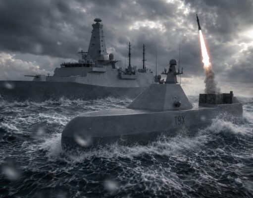 Construction date for drone warships currently undetermined A gray military naval scene with a large battleship and a rocket-armed vessel firing a missile through rough, stormy seas under dark clouds.