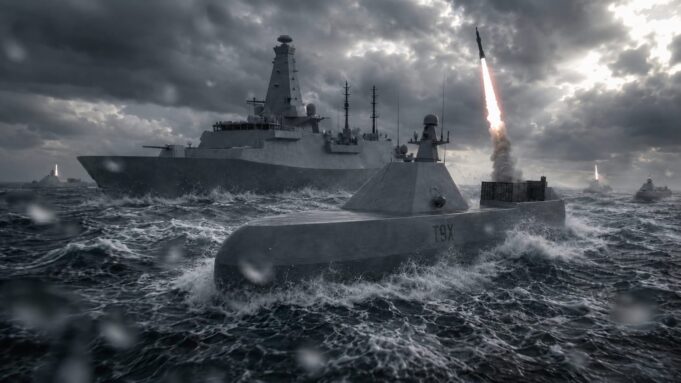 Uncrewed missile ship prototype to join British fleet by 2030 A gray military naval scene with a large battleship and a rocket-armed vessel firing a missile through rough, stormy seas under dark clouds.