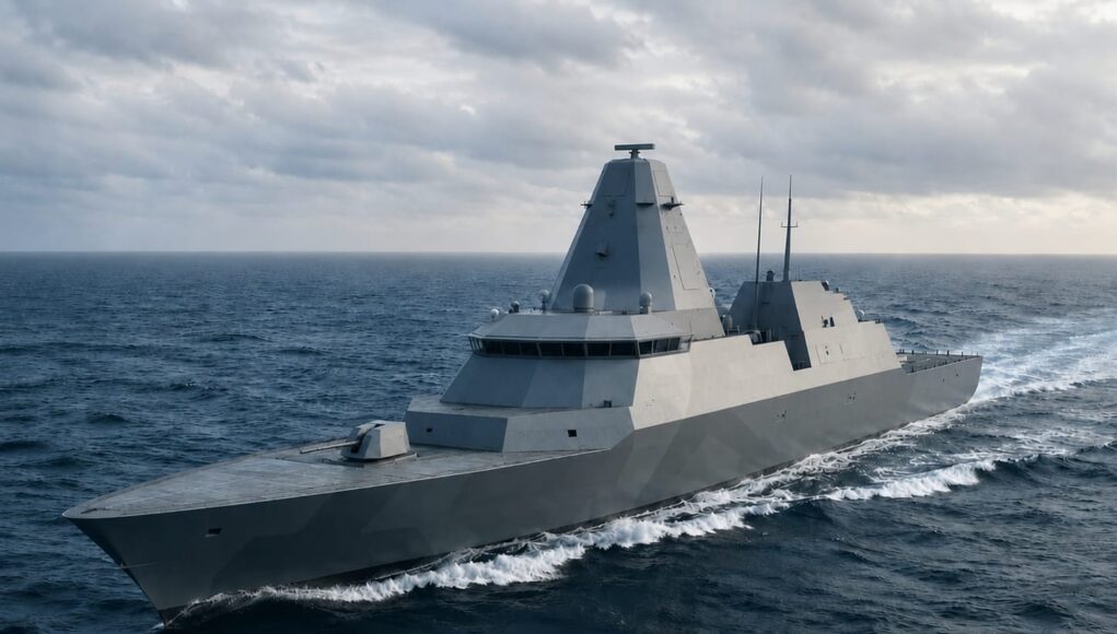 Warship cruising at sea, gray stealthy hull slicing through waves under cloudy sky