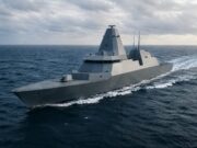 Britain’s new drone command warship hull design to be chosen Warship cruising at sea, gray stealthy hull slicing through waves under cloudy sky