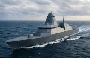 Warship cruising at sea, gray stealthy hull slicing through waves under cloudy sky