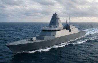 Warship cruising at sea, gray stealthy hull slicing through waves under cloudy sky