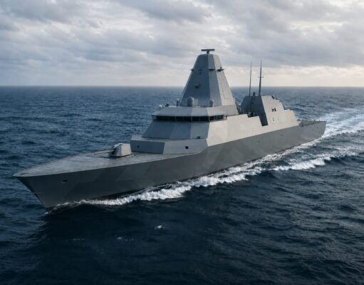 Britain’s new drone command warship hull design to be chosen Warship cruising at sea, gray stealthy hull slicing through waves under cloudy sky