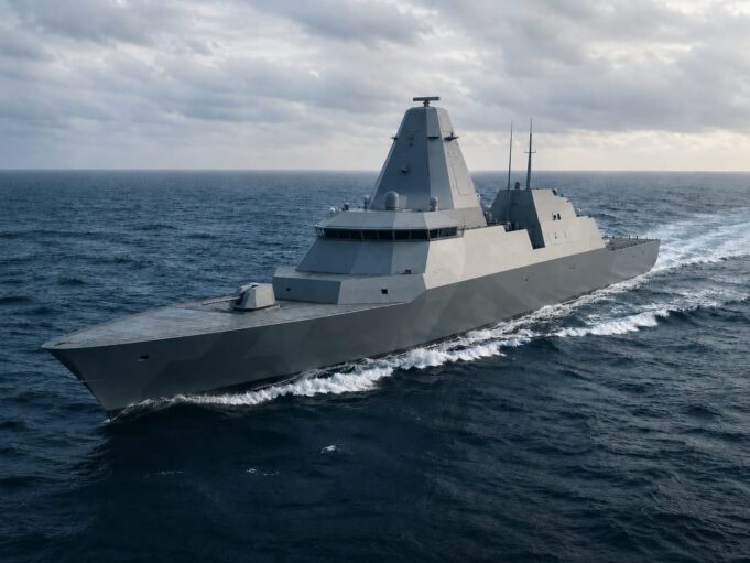 Navy’s new hybrid warship could be built at Rosyth Warship cruising at sea, gray stealthy hull slicing through waves under cloudy sky
