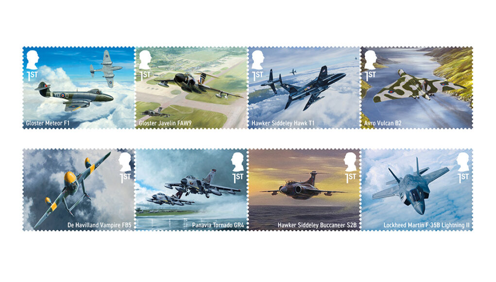 Eight first‑class stamps featuring individual military aircraft: Gloster Meteor F1, Gloster Javelin FAW9, Hawker Siddeley Hawk T1, Avro Vulcan B2, De Havilland Vampire FB5, Panavia Tornado GR4, Hawker Siddeley Buccaneer S2B, and Lockheed Martin F-35B Lightning II.