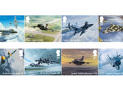 Eight first‑class stamps featuring individual military aircraft: Gloster Meteor F1, Gloster Javelin FAW9, Hawker Siddeley Hawk T1, Avro Vulcan B2, De Havilland Vampire FB5, Panavia Tornado GR4, Hawker Siddeley Buccaneer S2B, and Lockheed Martin F-35B Lightning II.