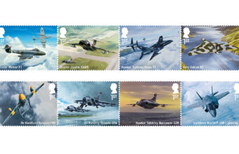 Eight first‑class stamps featuring individual military aircraft: Gloster Meteor F1, Gloster Javelin FAW9, Hawker Siddeley Hawk T1, Avro Vulcan B2, De Havilland Vampire FB5, Panavia Tornado GR4, Hawker Siddeley Buccaneer S2B, and Lockheed Martin F-35B Lightning II.