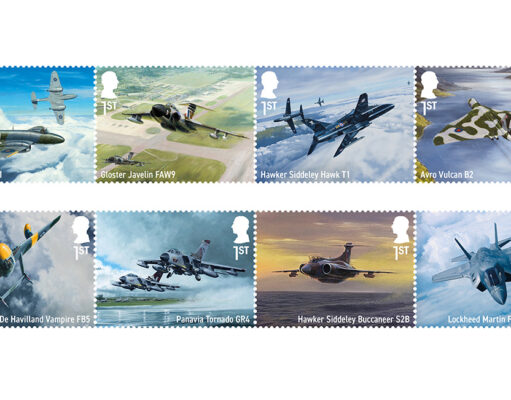 Eight first‑class stamps featuring individual military aircraft: Gloster Meteor F1, Gloster Javelin FAW9, Hawker Siddeley Hawk T1, Avro Vulcan B2, De Havilland Vampire FB5, Panavia Tornado GR4, Hawker Siddeley Buccaneer S2B, and Lockheed Martin F-35B Lightning II.