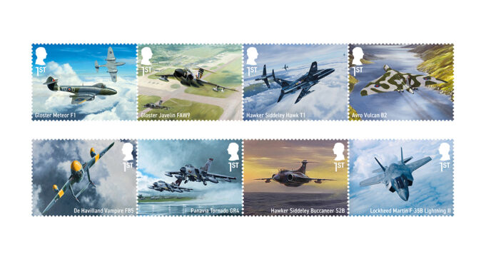 Eight first‑class stamps featuring individual military aircraft: Gloster Meteor F1, Gloster Javelin FAW9, Hawker Siddeley Hawk T1, Avro Vulcan B2, De Havilland Vampire FB5, Panavia Tornado GR4, Hawker Siddeley Buccaneer S2B, and Lockheed Martin F-35B Lightning II.
