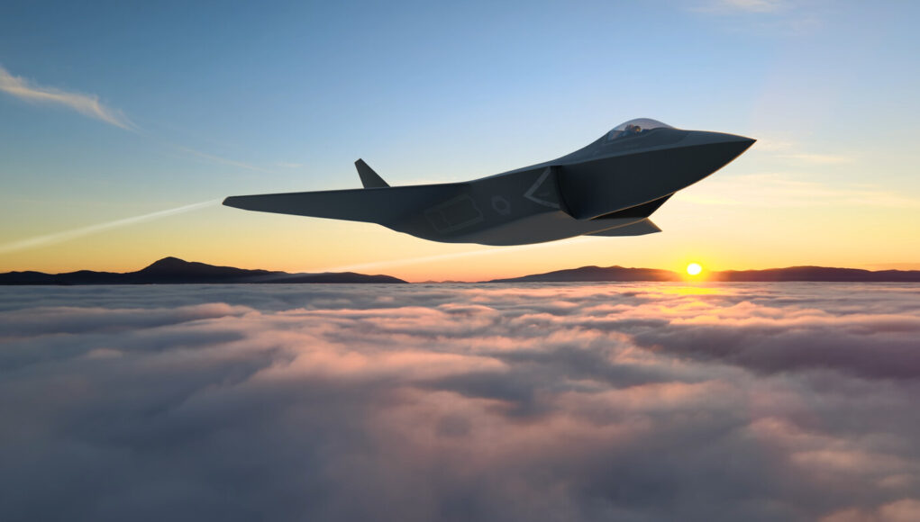 Sleek stealth jet flying above clouds at sunset with distant mountain horizon and a bright sun low on the horizon