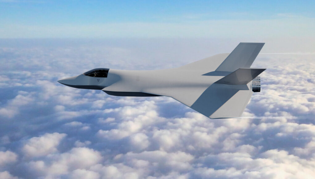 Stealth fighter jet with angular wings flying above a sea of clouds in a clear blue sky, horizon visible.