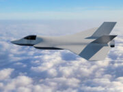 Half of new UK fighter jet demonstrator now assembled Stealth fighter jet with angular wings flying above a sea of clouds in a clear blue sky, horizon visible.