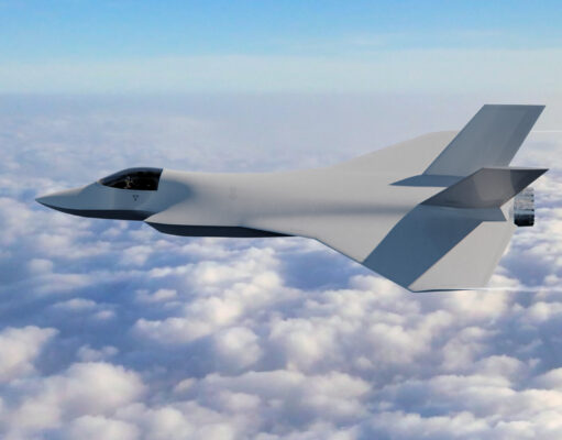 Half of new UK fighter jet demonstrator now assembled Stealth fighter jet with angular wings flying above a sea of clouds in a clear blue sky, horizon visible.