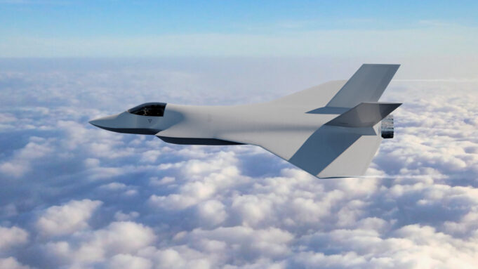 Stealth fighter jet with angular wings flying above a sea of clouds in a clear blue sky, horizon visible.