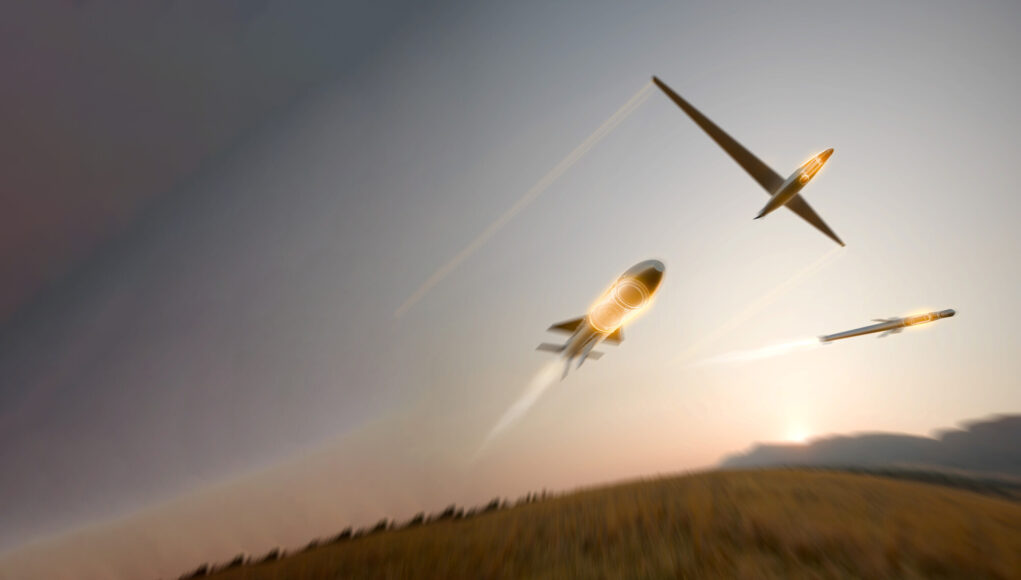 RS295868_BlackThorn multi-platform graphic_lpr Three gliders soaring in a dusky sky with light-trail contrails behind them.