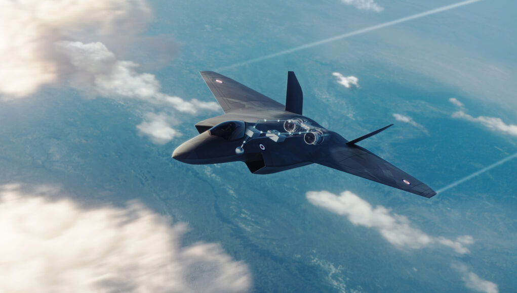RS296546_Rolls Royce demonstrator July 2026_lpr Stealth fighter jet in flight above clouds, viewed from above with blue sky and contrails in the background