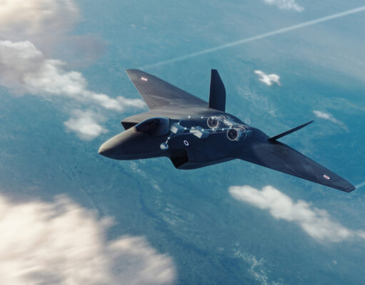 Rolls-Royce hits milestone for new British combat jet engine Stealth fighter jet in flight above clouds, viewed from above with blue sky and contrails in the background
