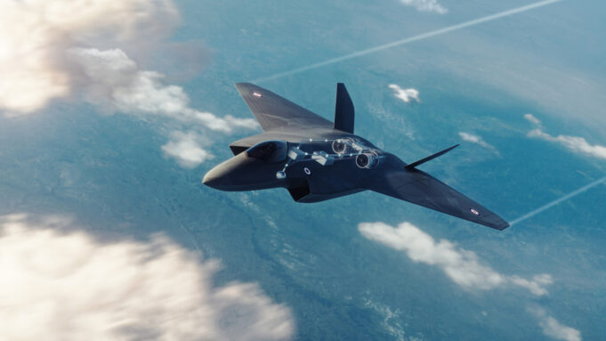 Stealth fighter jet in flight above clouds, viewed from above with blue sky and contrails in the background