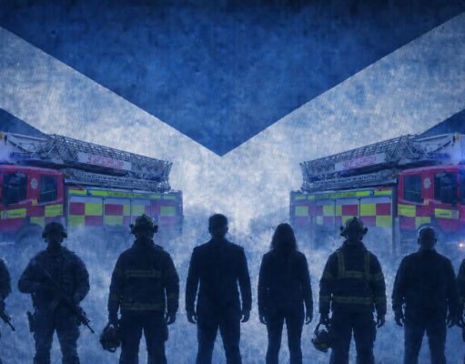 Silhouetted firefighters stand in front of two ladder fire engines with blue emergency lights, against a large Scottish flag backdrop.