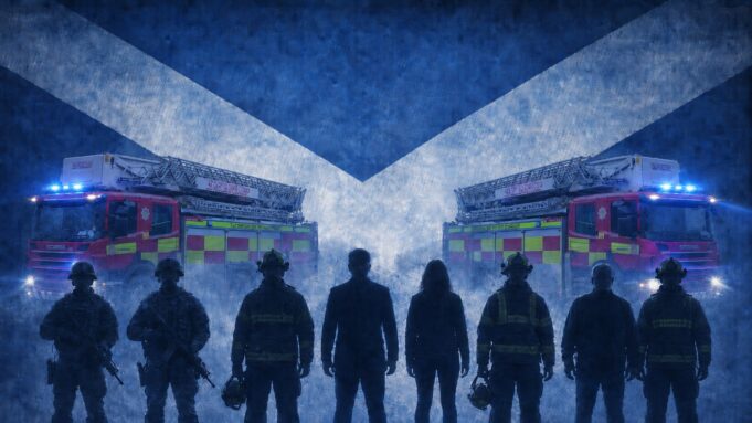 Silhouetted firefighters stand in front of two ladder fire engines with blue emergency lights, against a large Scottish flag backdrop.