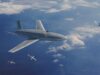 Large stealth bomber drone cruising high above clouds as several smaller munitions fall away beneath it.