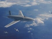 SPEAR missile heading for MQ-9B drones and Gambit CCA Large stealth bomber drone cruising high above clouds as several smaller munitions fall away beneath it.
