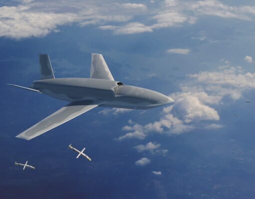 SPEAR missile heading for MQ-9B drones and Gambit CCA Large stealth bomber drone cruising high above clouds as several smaller munitions fall away beneath it.