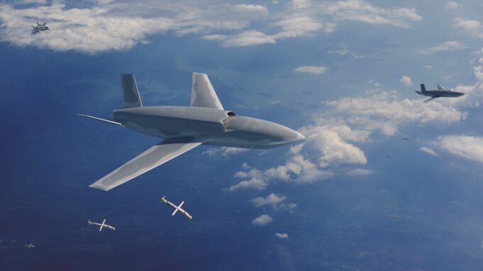 SPEAR missile heading for MQ-9B drones and Gambit CCA Large stealth bomber drone cruising high above clouds as several smaller munitions fall away beneath it.