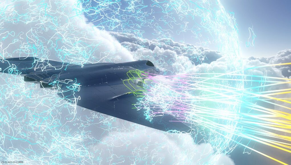 Futuristic fighter jet slicing through stormy clouds with neon energy beams streaming from its sides.
