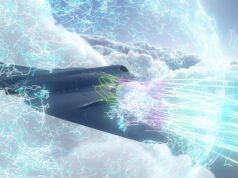 Futuristic fighter jet slicing through stormy clouds with neon energy beams streaming from its sides.