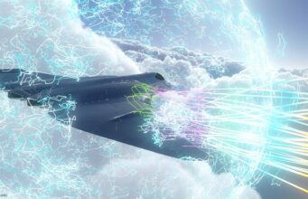 Futuristic fighter jet slicing through stormy clouds with neon energy beams streaming from its sides.