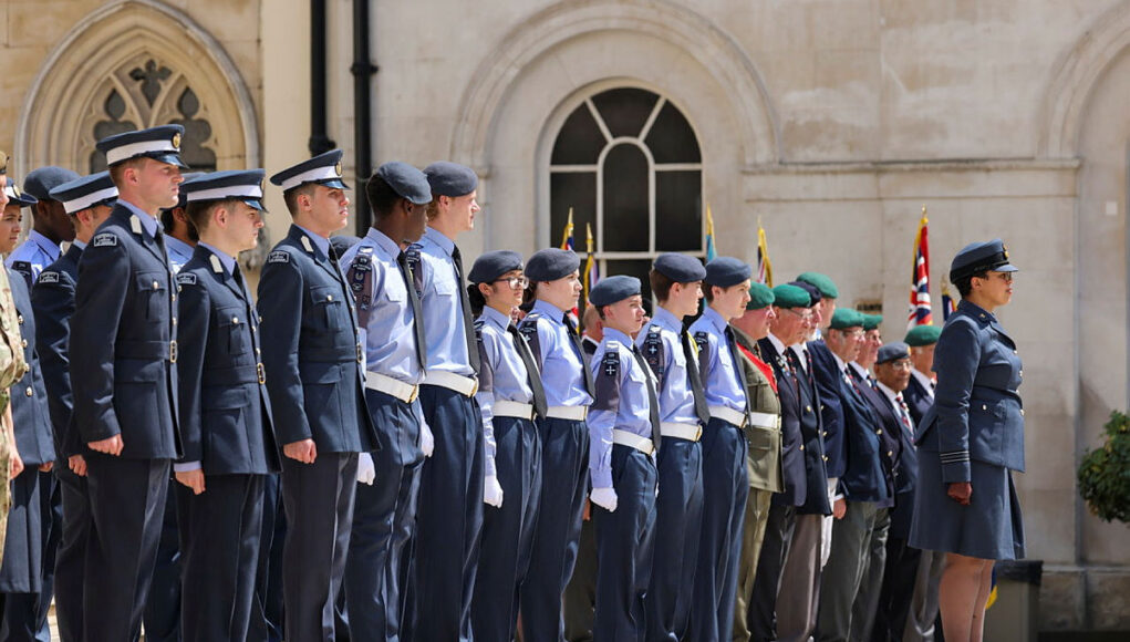 ccf Line of uniformed military personnel standing at attention during a ceremonial parade outside a historic building.
