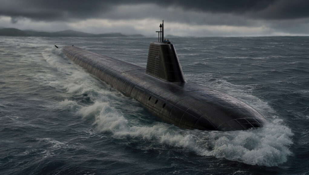 Dreadnought CGI Dark submarine surfacing and cutting through rough sea under a stormy, low-hanging sky, with a raised sail and antennas visible atop the hull.