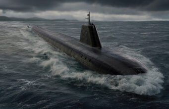 Dark submarine surfacing and cutting through rough sea under a stormy, low-hanging sky, with a raised sail and antennas visible atop the hull.