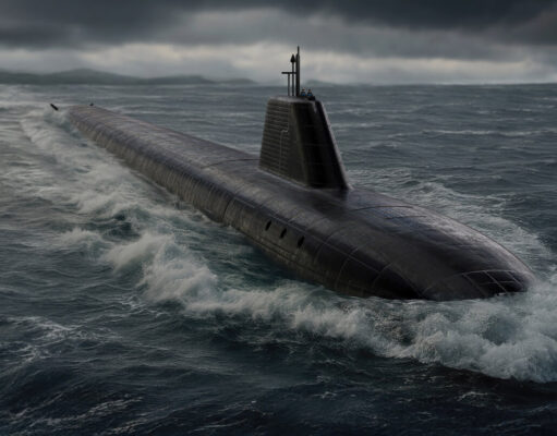 Huge contract awarded to fund new UK nuclear missile subs Dark submarine surfacing and cutting through rough sea under a stormy, low-hanging sky, with a raised sail and antennas visible atop the hull.