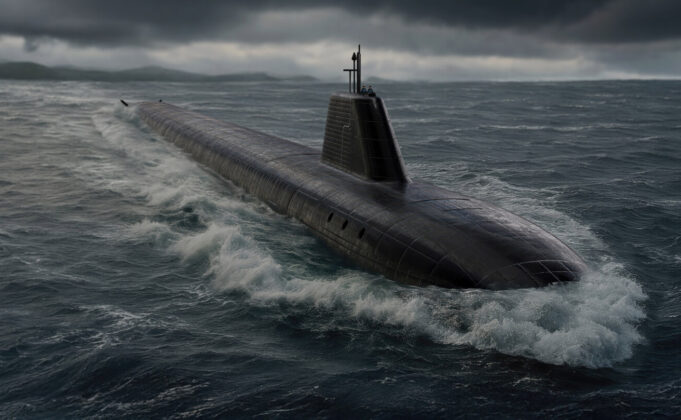 Dark submarine surfacing and cutting through rough sea under a stormy, low-hanging sky, with a raised sail and antennas visible atop the hull.