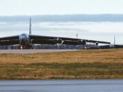 Iran declares RAF base in England a ‘legitimate target’ B-52 bomber taxiing on a runway at an airfield, engines visible under its long wings.