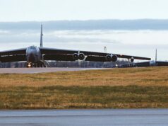Iran declares RAF base in England a ‘legitimate target’ B-52 bomber taxiing on a runway at an airfield, engines visible under its long wings.