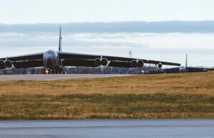 Iran declares RAF base in England a ‘legitimate target’ B-52 bomber taxiing on a runway at an airfield, engines visible under its long wings.