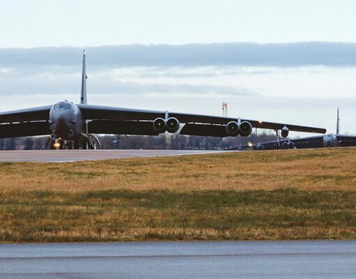 Iran declares RAF base in England a ‘legitimate target’ B-52 bomber taxiing on a runway at an airfield, engines visible under its long wings.