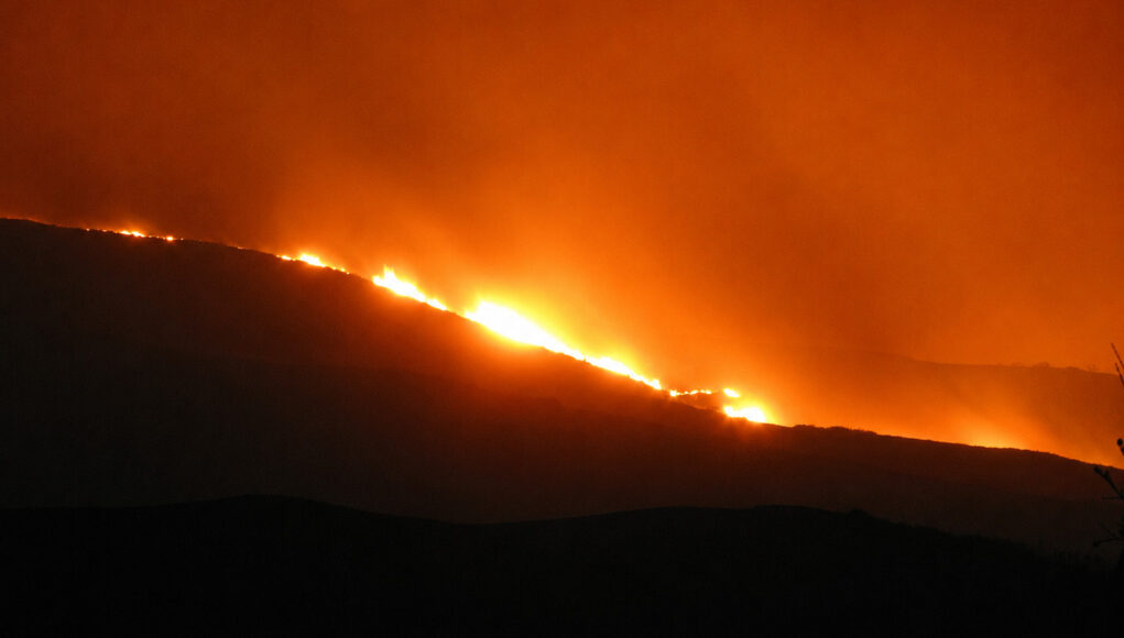 Fire rips along a hillside at night, bright orange flames lighting the sky and smoke.